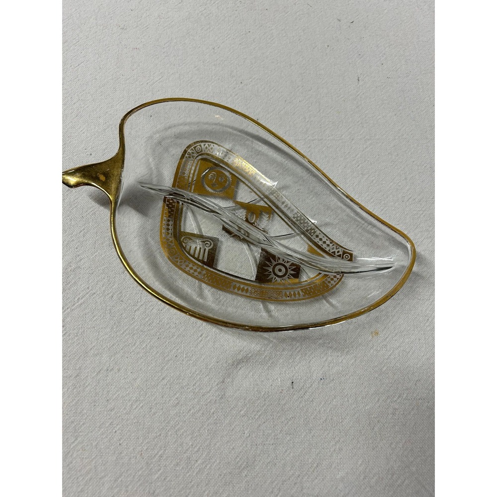 MCM Georges Briard Leaf Shaped, Greek Design, Divided Candy Dish, Gold Gilt Trim